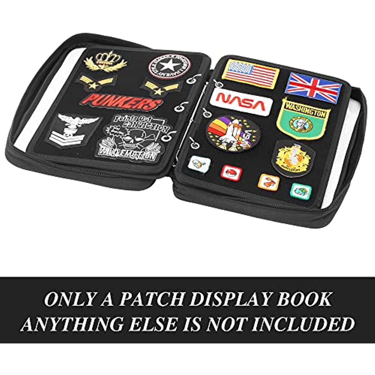 Flip Page Patch Book Patch Organizer Storage Zippered Clear Handbag with Removable Metal Ring Binders Contain 6 Flip-Page for Patch Collector (Black)