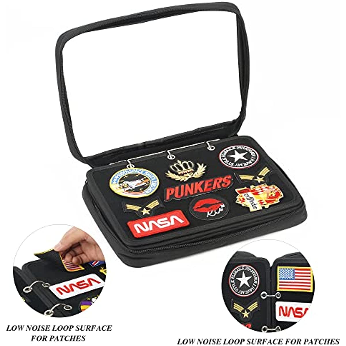 Flip Page Patch Book Patch Organizer Storage Zippered Clear Handbag with Removable Metal Ring Binders Contain 6 Flip-Page for Patch Collector (Black)