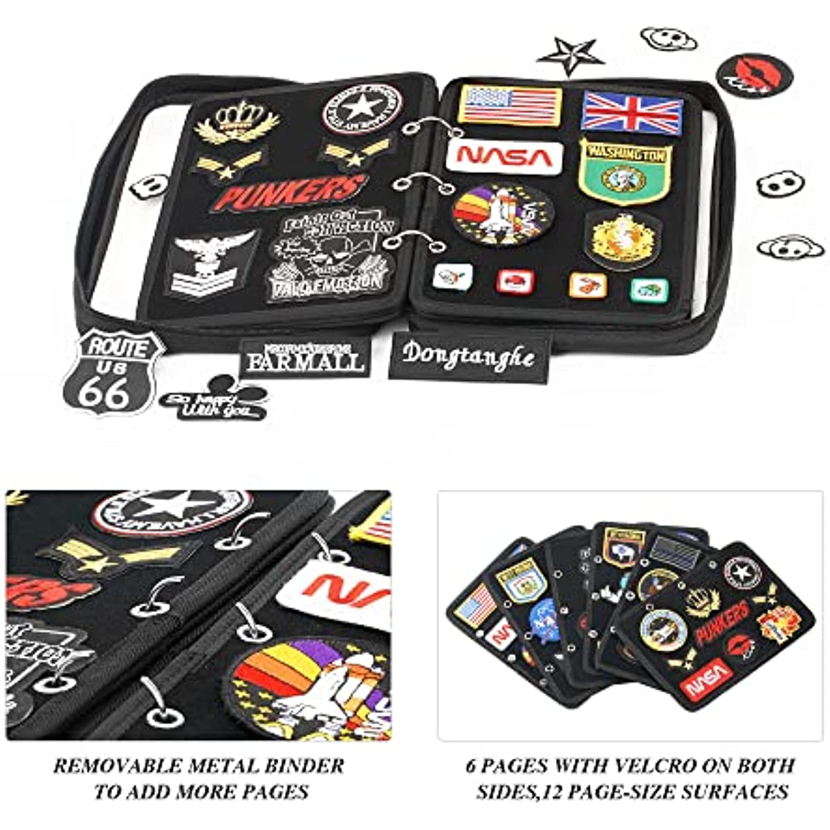 Flip Page Patch Book Patch Organizer Storage Zippered Clear Handbag with Removable Metal Ring Binders Contain 6 Flip-Page for Patch Collector (Black)