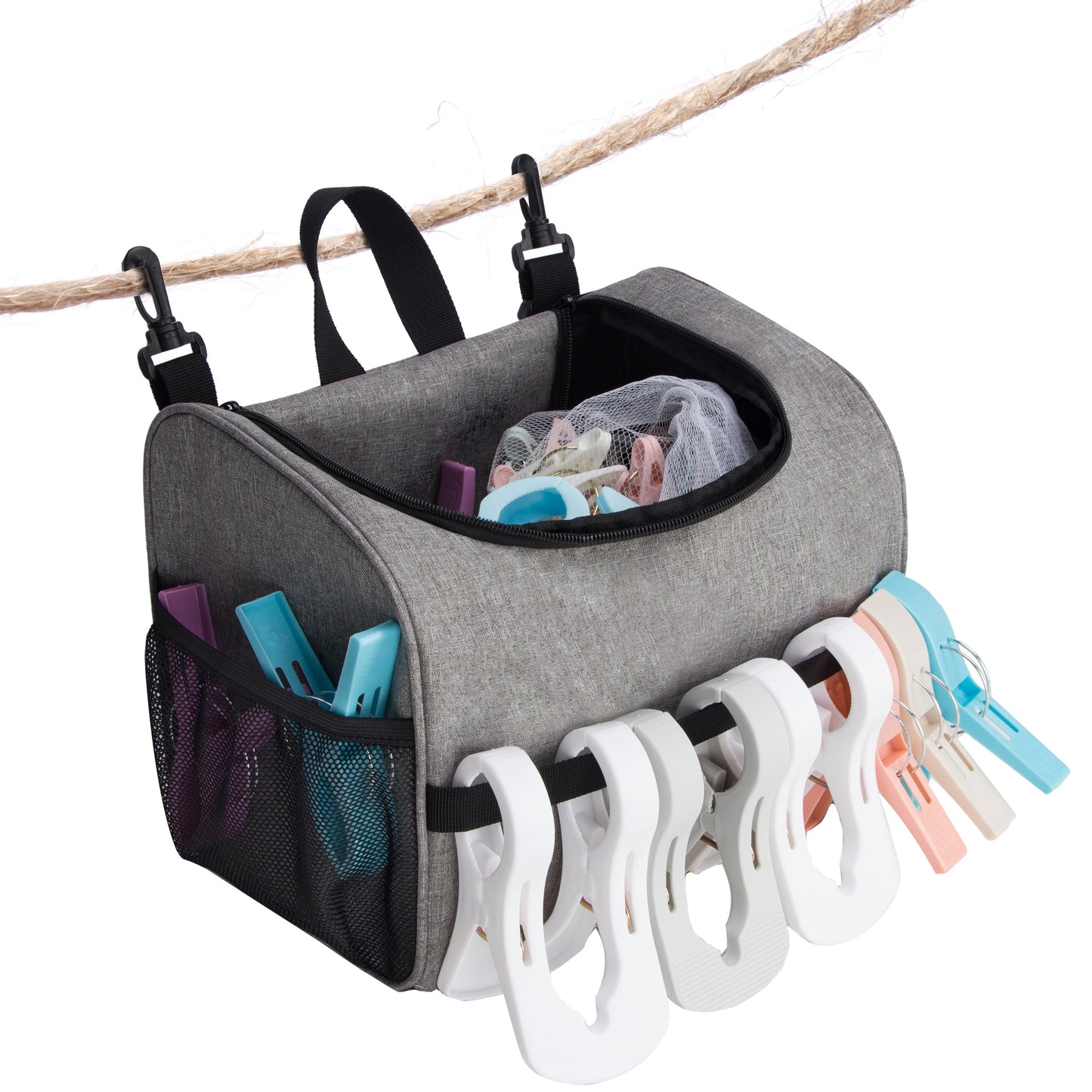 Shoulder Waist Strap and Double Clips Clothespin Bag for Outdoor, Hanging Clothesline Peg Organizer Storage Bags, Mesh Based Clothespin Bags