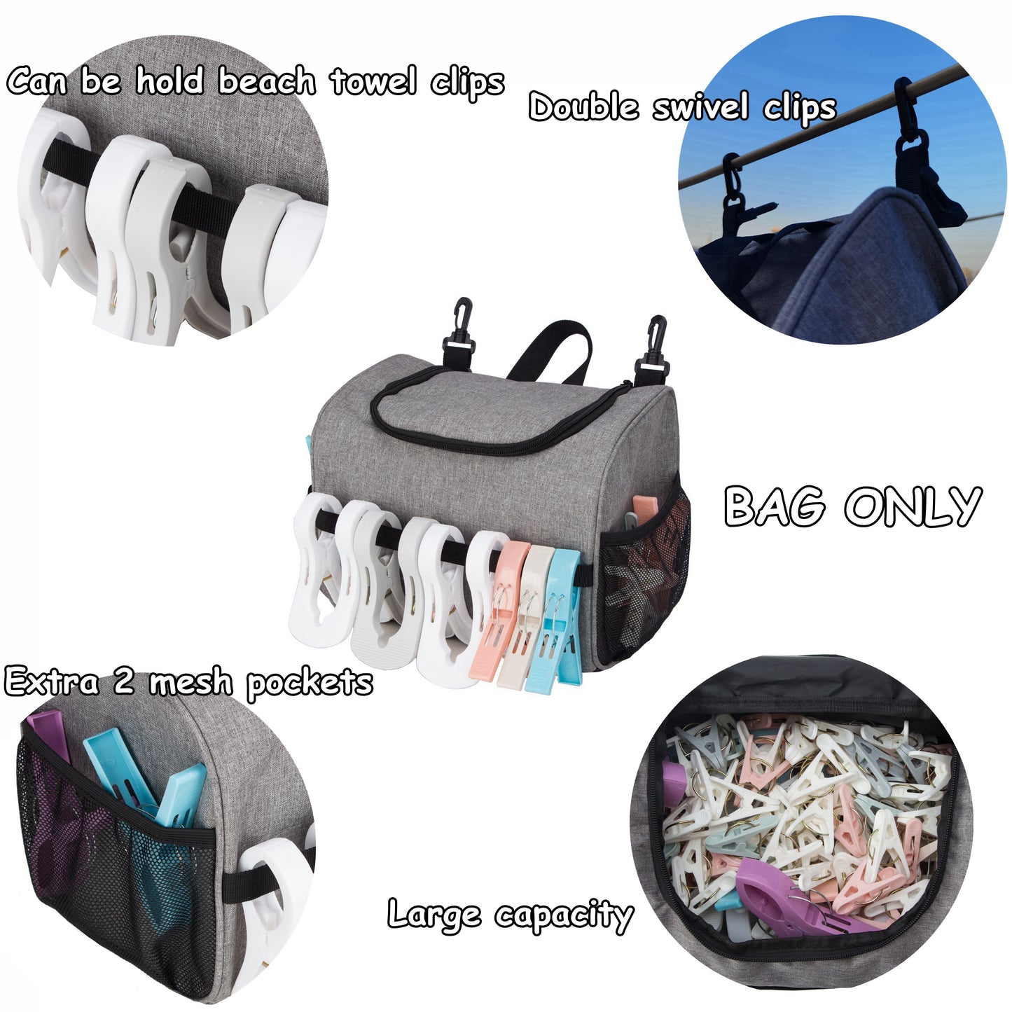 Shoulder Waist Strap and Double Clips Clothespin Bag for Outdoor, Hanging Clothesline Peg Organizer Storage Bags, Mesh Based Clothespin Bags