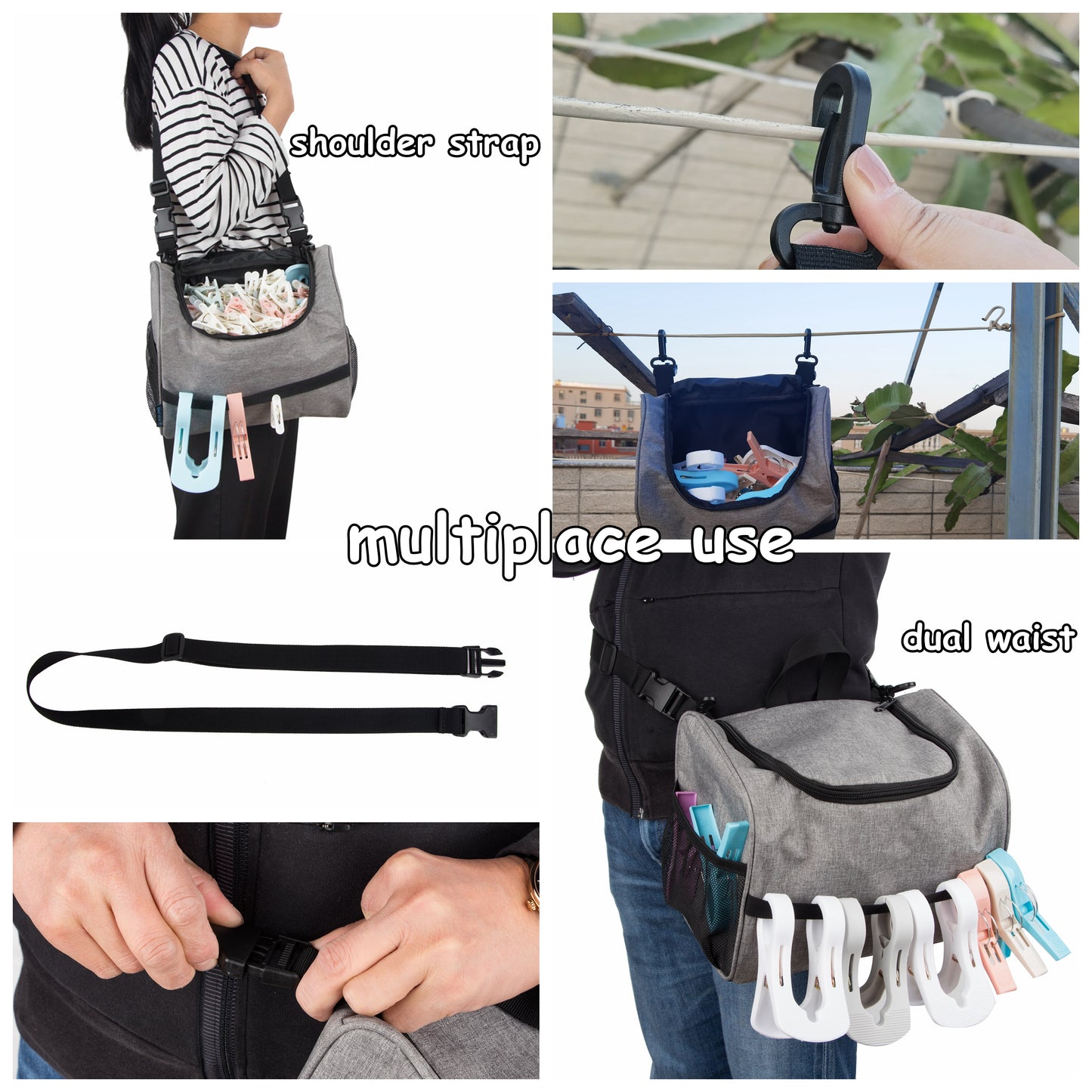 Shoulder Waist Strap and Double Clips Clothespin Bag for Outdoor, Hanging Clothesline Peg Organizer Storage Bags, Mesh Based Clothespin Bags