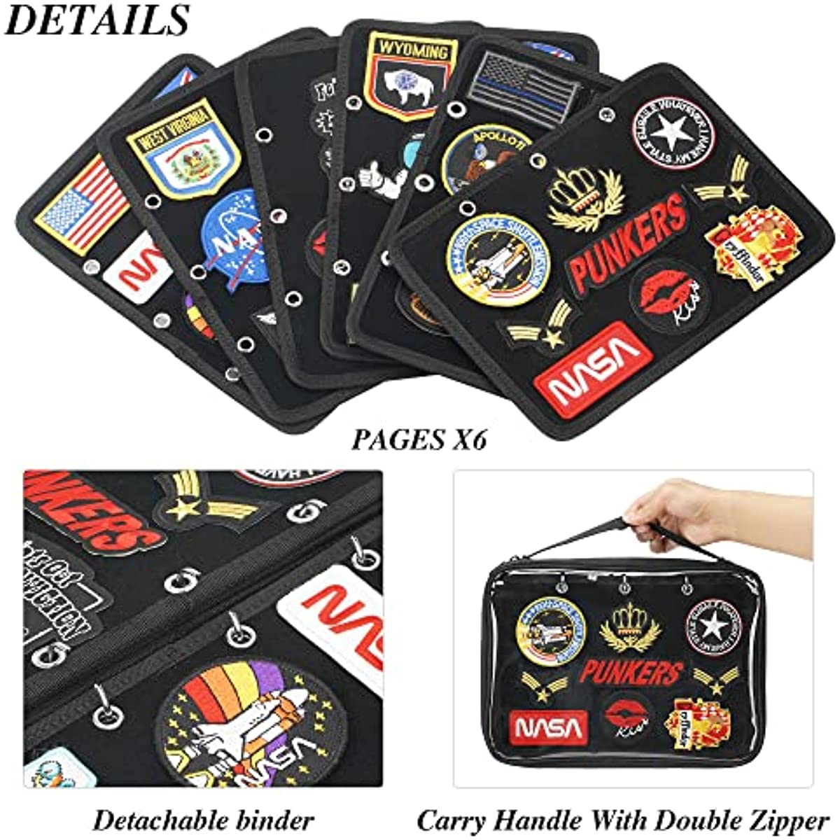 Flip Page Patch Book Patch Organizer Storage Zippered Clear Handbag with Removable Metal Ring Binders Contain 6 Flip-Page for Patch Collector (Black)