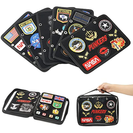 Flip Page Patch Book Patch Organizer Storage Zippered Clear Handbag with Removable Metal Ring Binders Contain 6 Flip-Page for Patch Collector (Black)